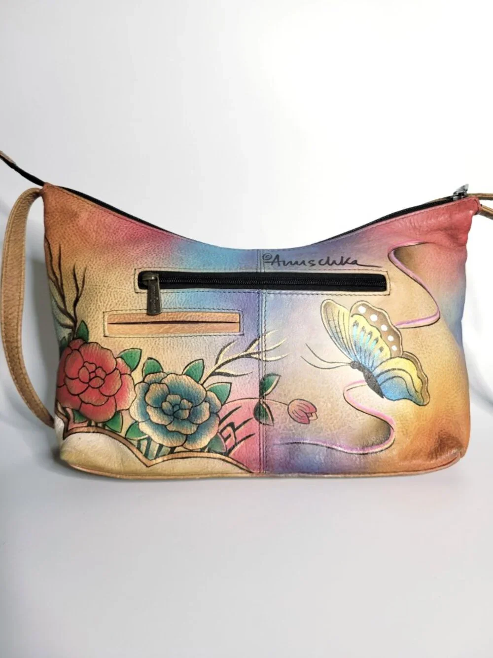 ANUSCHKA Painted Genuine Leather Hobo Shoulder Bag Tan Flowers Butterflies Purse